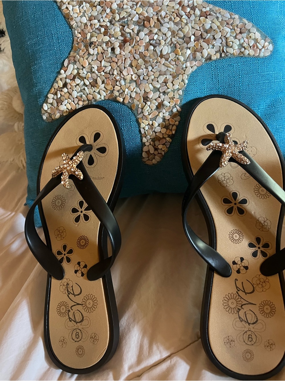 Eve Black Flip Flops with Gold Rhinestone Starfish